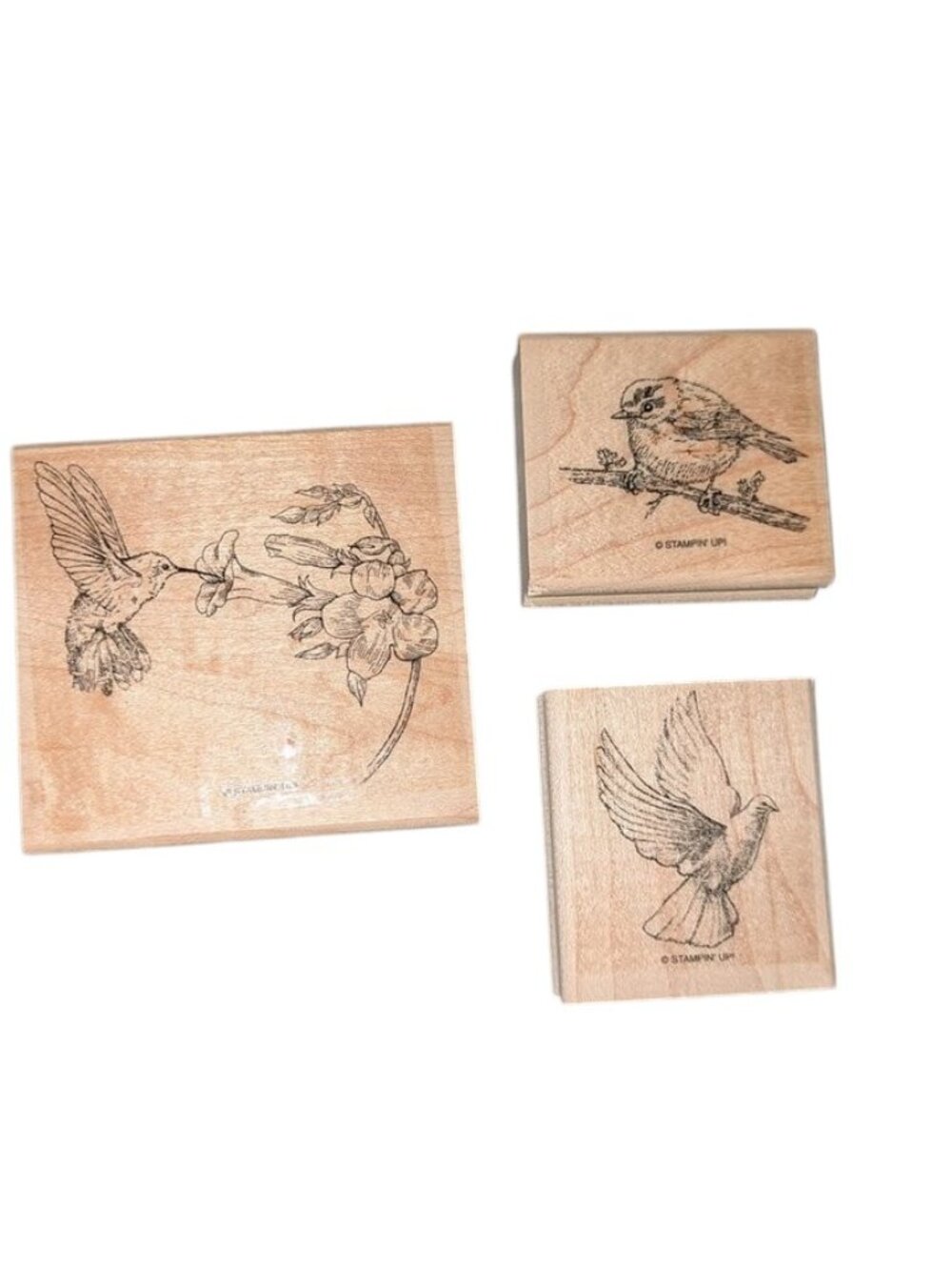 NEW Stampin Up! Set of 3 Bird Dove Hummingbird Flower Wood Wooden Rubber Stamps